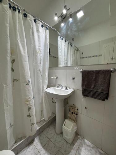 a bathroom with a sink and a shower and a toilet at Departamento La Rotonda in Santa Rosa