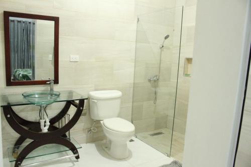 キャバレテにあるVilla luxury Cabareteのトイレとガラスのテーブルがあるバスルーム