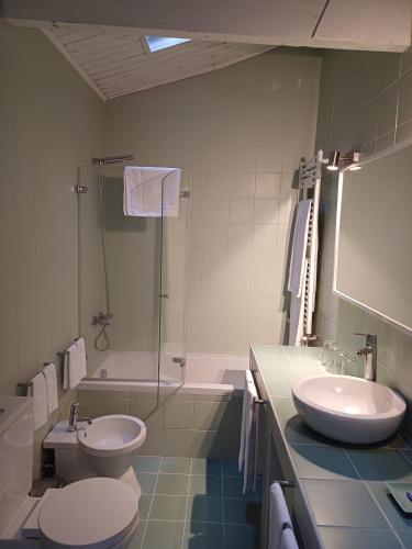 a bathroom with a toilet and a sink and a tub at Country house Quinta da Salgueira in Alijó