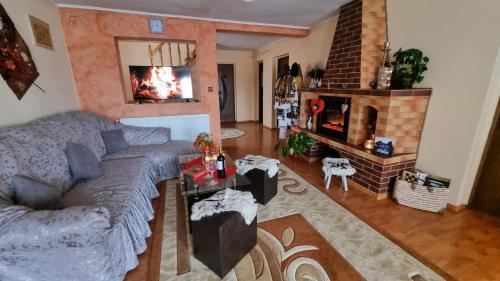 a living room with a couch and a fireplace at Casa Georgeta in Câmpulung Moldovenesc