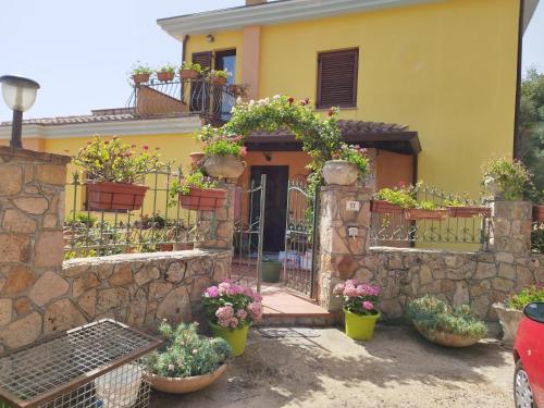 a yellow house with potted plants and a fence at Appartamenti La Collina in Jerzu