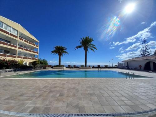 Una piscina con palmeras y un edificio. en Buena Vista Yaco, en San Isidro