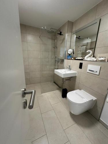 a bathroom with a toilet and a sink at Sandbank Hotel & Appartements Lubmin in Lubmin