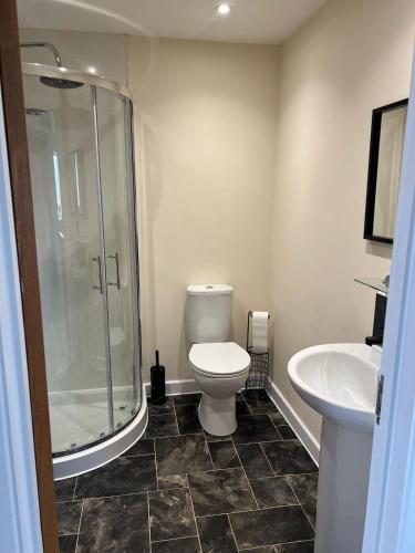 a bathroom with a shower and a toilet and a sink at Flat At 34 in Street
