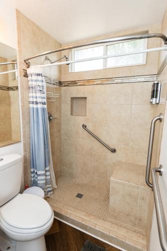 a bathroom with a shower and a toilet at Vineyard estate with pool and amazing views in Yucaipa