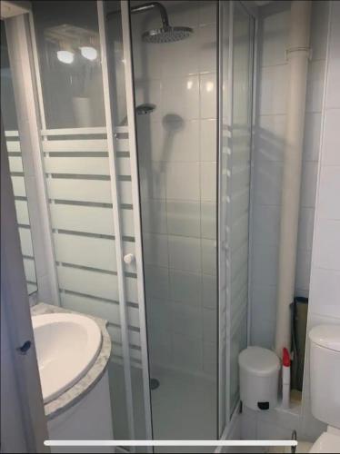 une salle de bain avec une douche, un lavabo et des toilettes dans l'établissement Location bord de mer, à Argelès-sur-Mer