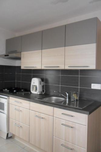 a kitchen with wooden cabinets and a sink at Vue exceptionnelle sur le lac in Lugrin