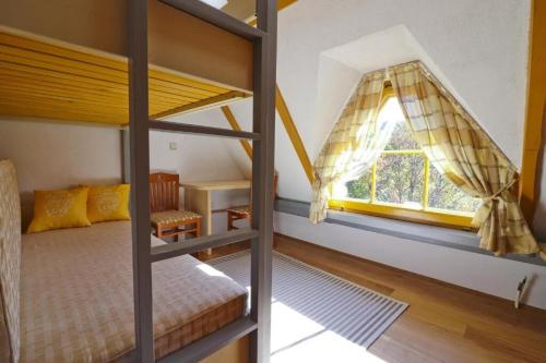 a bedroom with a bunk bed and a window at House Grga in Gornja Voća