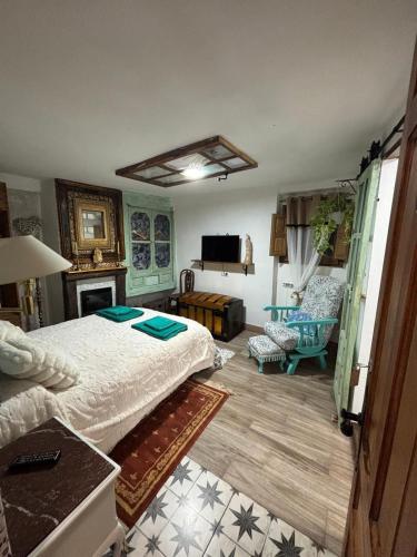 a bedroom with a bed and a living room at Casa rural en Buendía -la Galera con 4 dormitorios in Buendía