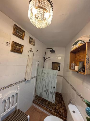 a bathroom with a shower and a chandelier at Casa rural en Buendía -la Galera con 4 dormitorios in Buendía