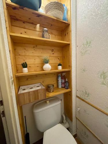 La salle de bains est pourvue de toilettes et d'étagères en bois. dans l'établissement Studio Bleuets du Léman vue sur lac, à Thollon-les-Mémises