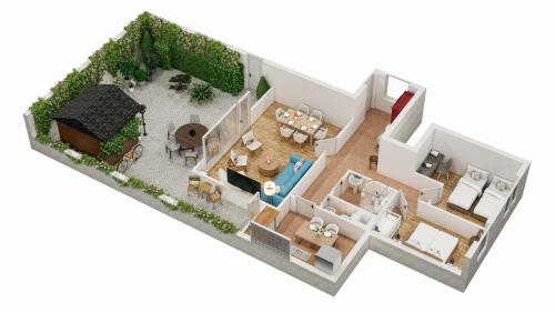 a rendering of a floor plan of a house at Top Lage, Familienfreundlich mit Garten & Parkplatz - bis zu 6 Pers - Family & Friends LODGE in Grömitz