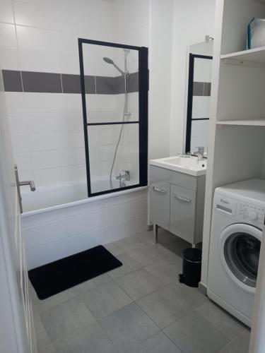 une salle de bain avec une machine à laver et un lavabo dans l'établissement Maison, gîte en Baie de Somme à Saint-Valery-sur-Somme, à Saint-Valery-sur-Somme