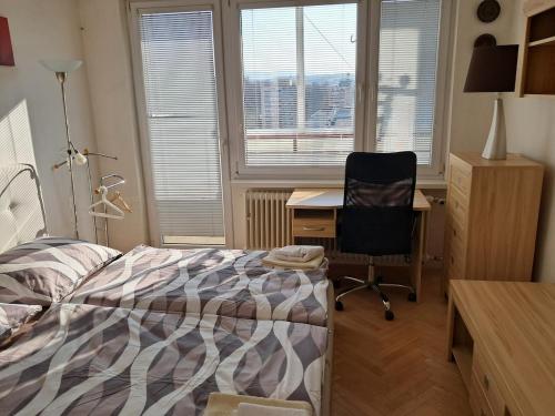 a bedroom with a bed and a desk and a chair at Spacious flat in Prievidza near Bojnice with a beautiful view in Prievidza