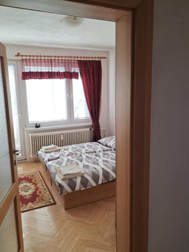 a bedroom with a bed and a window at Spacious flat in Prievidza near Bojnice with a beautiful view in Prievidza