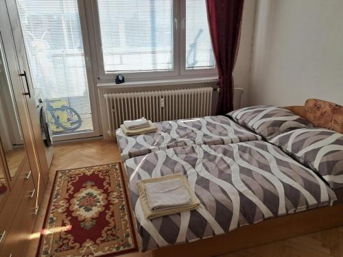 a bedroom with a bed with a comforter and a rug at Spacious flat in Prievidza near Bojnice with a beautiful view in Prievidza
