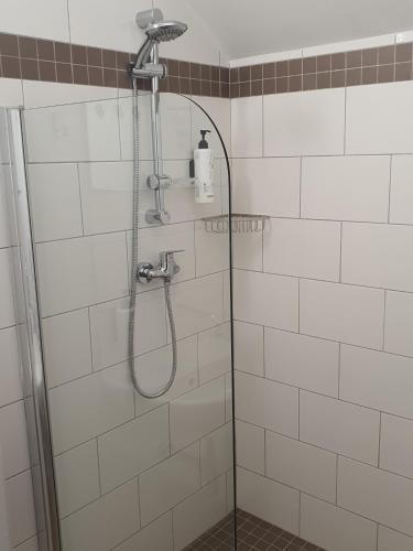 a shower in a bathroom with white tiles at Pension & Restaurace Na Rychtě in Prague