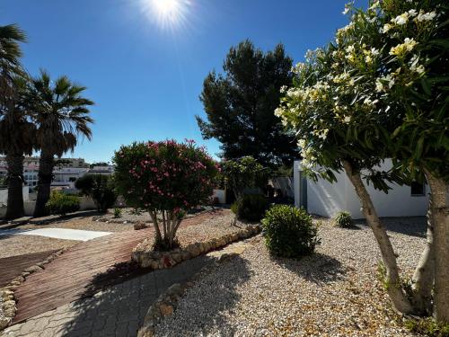 a walkway with trees and flowers in a yard at Vila Horizonte in Carvoeiro