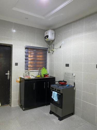 a kitchen with a stove and a sink in it at Grand Island Apartment 1 in Abuja