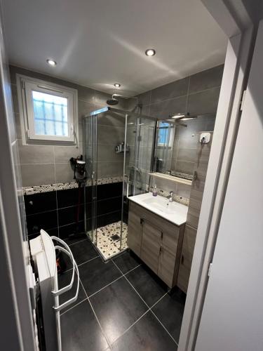 a bathroom with a shower and a sink at Beautiful beachfront apartment in Carry-le-Rouet