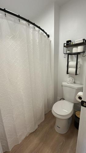 a bathroom with a toilet and a shower curtain at Hygge Hus Hotel in Andrews