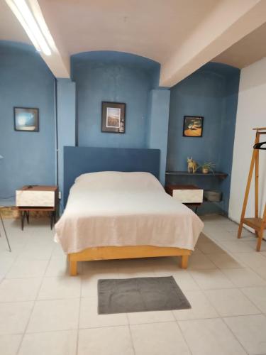 a bedroom with blue walls and a large bed at Casa cuatro in Oaxaca City