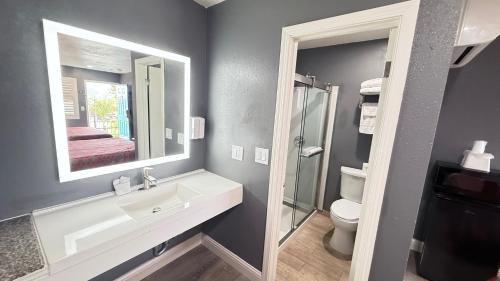 a bathroom with a sink and a toilet and a mirror at Fireside Inn By The Beach Boardwalk & Bowling in Santa Cruz