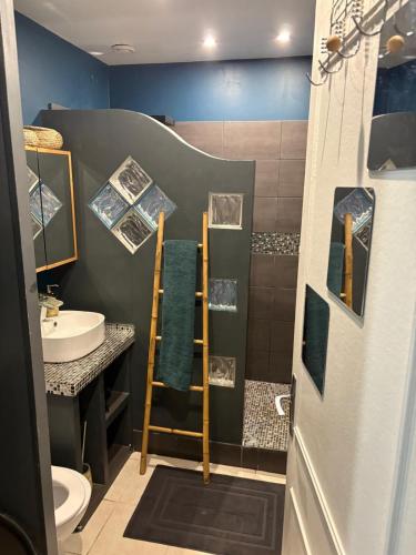 une salle de bain avec un lavabo, des toilettes et une douche dans l'établissement Cosy avec jardin, à Quincy-Voisins