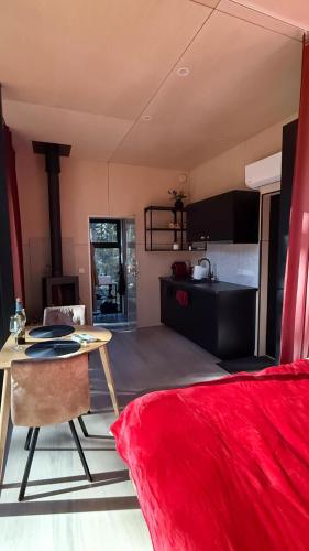 a living room with a table and a kitchen at Mooni Minivilla in Haversi