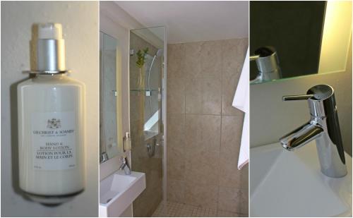 two pictures of a bathroom with a bottle of soap at Bayflowers Guest House in Cape Town