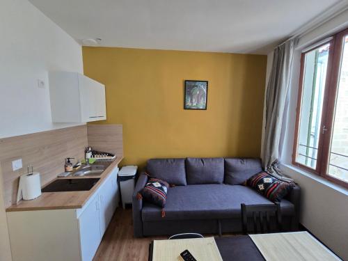 un salon avec un canapé et une cuisine dans l'établissement E2 - Elégant appartement neuf intramuros climatisé, à Avignon