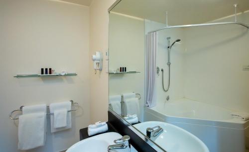 新普利茅斯Distinction New Plymouth Hotel的配有水槽、淋浴和镜子的浴室