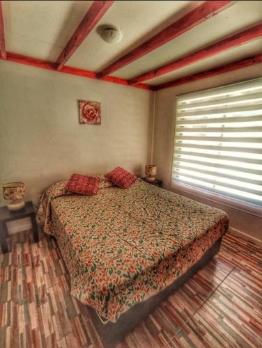 a bedroom with a bed with red pillows on it at Parcela Pedregal in Peralillo