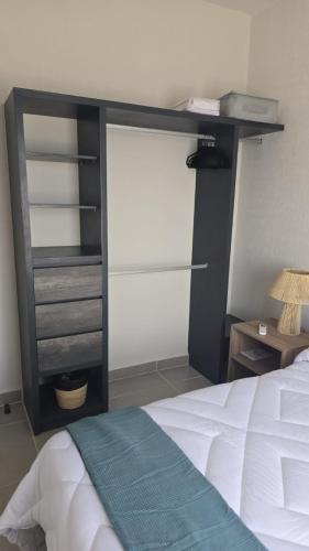 a bedroom with a bed and a book shelf at Departamento en Acapulco de Juárez, Club de Playa in Acapulco