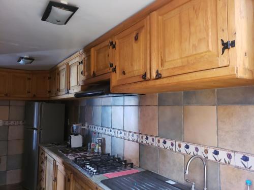 a kitchen with wooden cabinets and a stove top at Departamento Jardín Magnolia in Apizaco