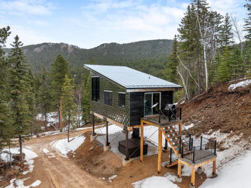 a green tiny house on a dirt road in the woods at Reflection Ridge in Lead