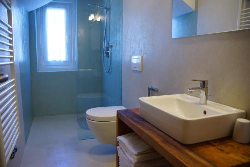 a bathroom with a sink and a toilet and a shower at Appartamenti Residence Pars in Badia