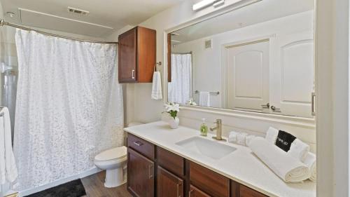 a bathroom with a sink and a toilet and a mirror at Stunning 1bd Apartment I Frisco near Dallas I Pool, Gym, Work Space in Frisco