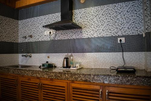 a kitchen with a sink and a counter top at Cascade Mountain Retreat Manali in Manāli