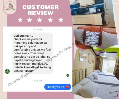 a flyer for a customer review of a bed in a room at Burnham Unit 504 Baguio Condo Transient by Dei Gratia in Baguio
