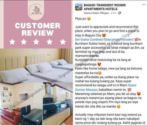a flyer for a customer review of a bed at Burnham Unit 504 Baguio Condo Transient by Dei Gratia in Baguio
