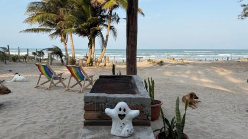 a beach with two chairs and a dog on the beach at EcoPalapa Mimí in Tuxpan de Rodríguez Cano