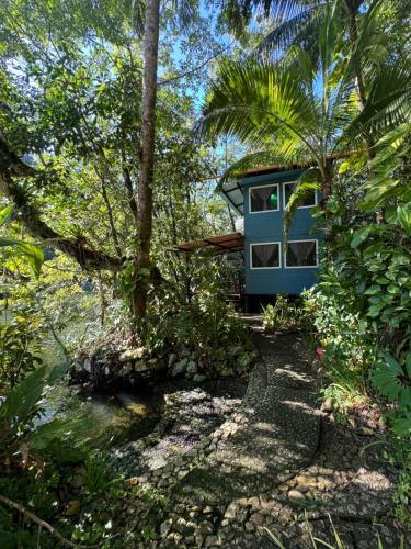 a blue house in the middle of a forest at Finca Tatin Hotel in Lámpara