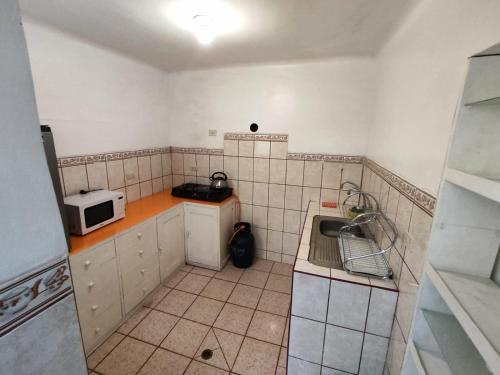 une petite cuisine avec un évier et un micro-ondes dans l'établissement Qosqo Apartments 3, à Cusco