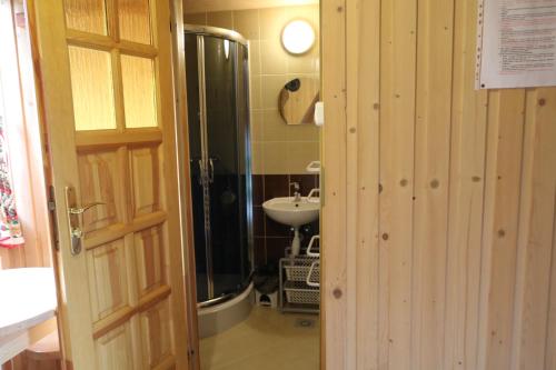 a bathroom with a shower and a sink at Gościniec U Ani - pod wieżą widokową Sky Walk, nieopodal szlaków na Polane Rusinową , Gęsią Szyje, Polane Zgorzelisko , Tarasówke i Palenice in Małe Ciche