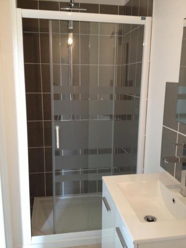 a bathroom with a shower and a sink at Le Gîte de Lyli in LʼIsle-Jourdain