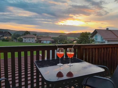 two glasses of wine sitting on a table on a balcony at Ferienwohnung Spittler in Cham