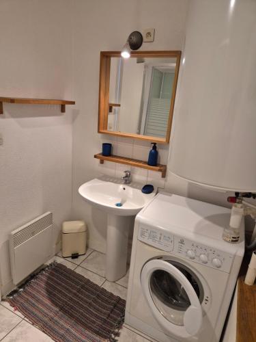 une salle de bain avec une machine à laver et un lavabo dans l'établissement Macareux, à Perros-Guirec