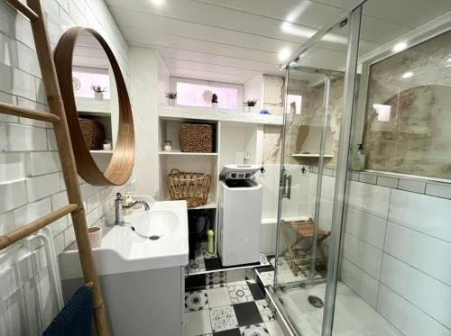 une salle de bain avec un lavabo et une douche dans l'établissement Charmant loft atypique à Palavas, à Palavas-les-Flots