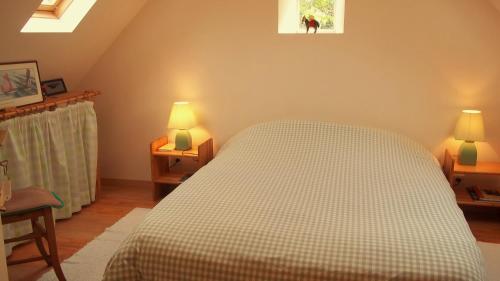 1 dormitorio con 1 cama y 2 lámparas en 2 mesas en Ferme de Poulpeye, en Loctudy